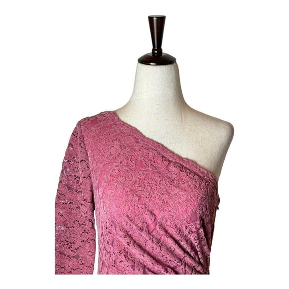 Saylor Pink Lace Velvet Long Sleeve One Shoulder Ruched Cut Out Mini Dress XS - Picture 3 of 10